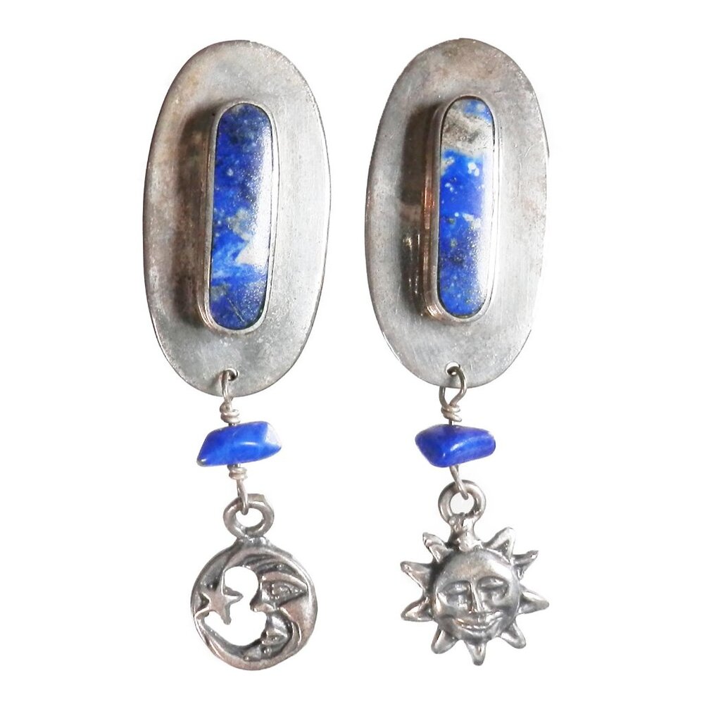 Sterling Silver Polished Lapis Stone Sun & Moon Charm Dangle Earrings Bezel Oval